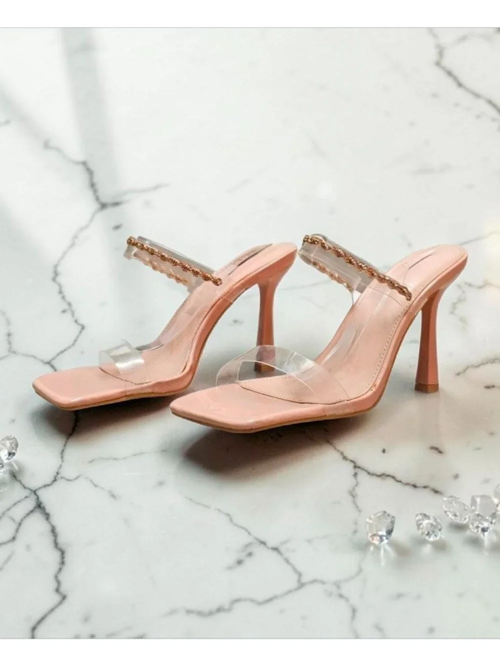 Clear Strap Stiletto Heel Sandals With Chain Detail In Nude Chic Square Toe Desi